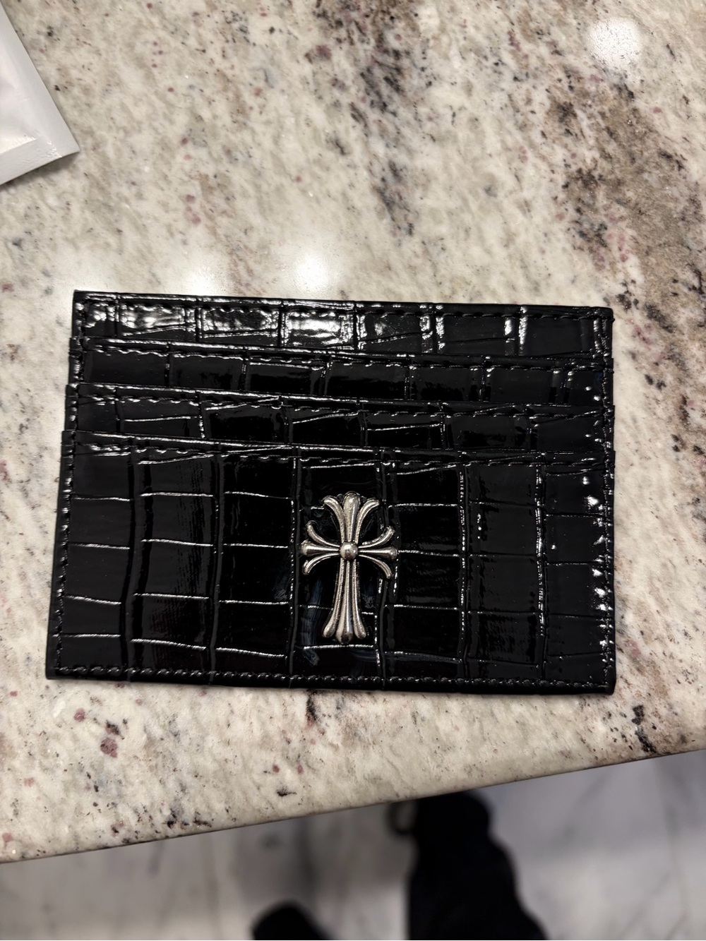 Chrome Hearts Black Croc Embossed Leather Card Holder with Silver Cross
